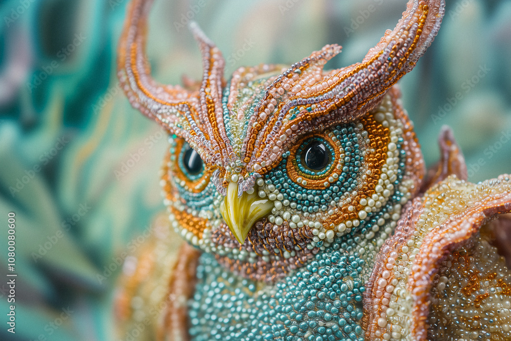 Obraz premium A beautiful, finely crafted embroidery piece depicting a vibrant creature with intricate details and bold colors. 