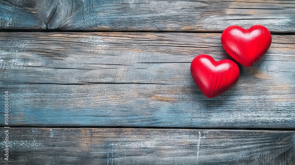 Valentine's day background with two red hearts on rustic wooden surface symbolizing love and romance Valentine's day background with two red hearts on rustic wooden surface symbolizing love and romance