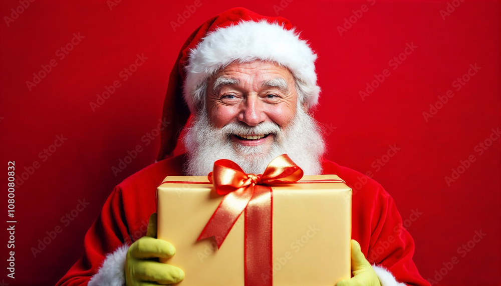 Santa Claus smiling with gift against festive red background, full of holiday spirit.
Santa Claus smiling with gift against festive red background, full of holiday spirit.