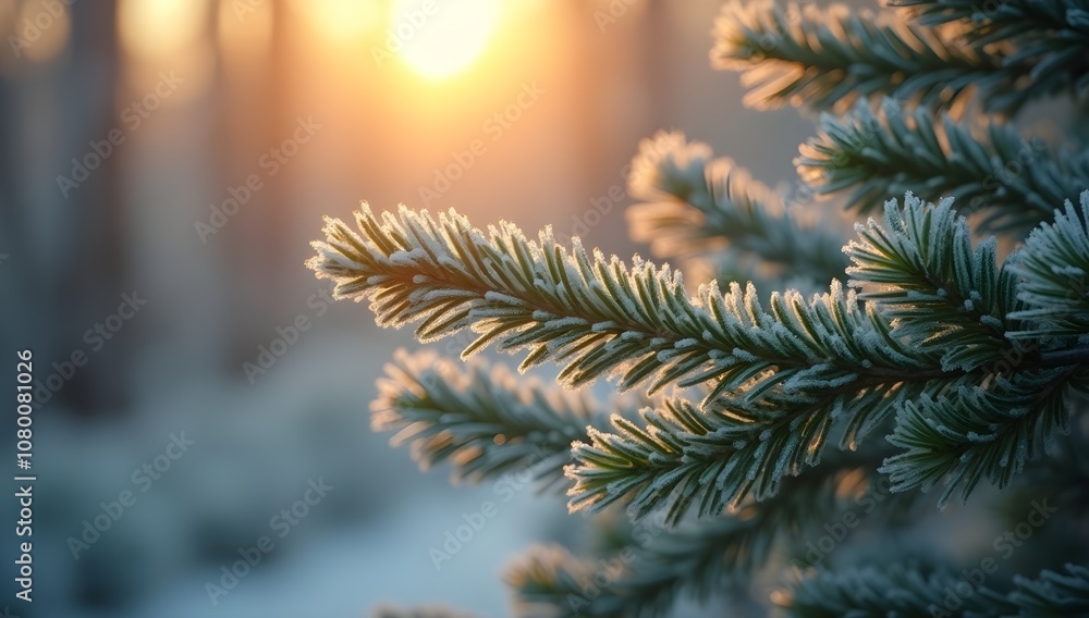 Frost-covered pine branch at winter solstice, serene sunrise, close-up in nature Frost-covered pine branch at winter solstice, serene sunrise, close-up in nature