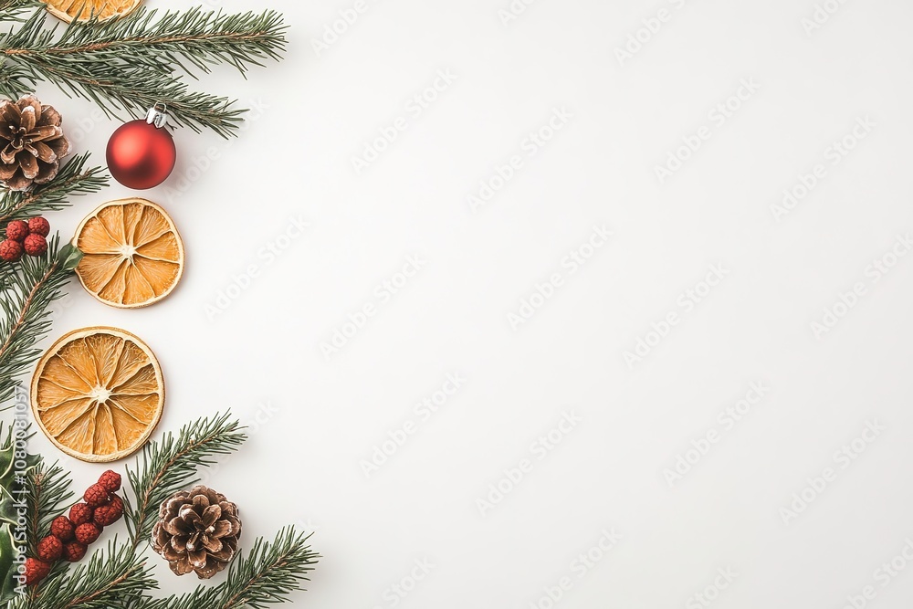 Festive holiday border with citrus and pine decor Festive holiday border with citrus and pine decor