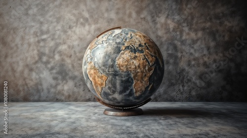 A colorful globe is positioned elegantly on top of a sturdy concrete table