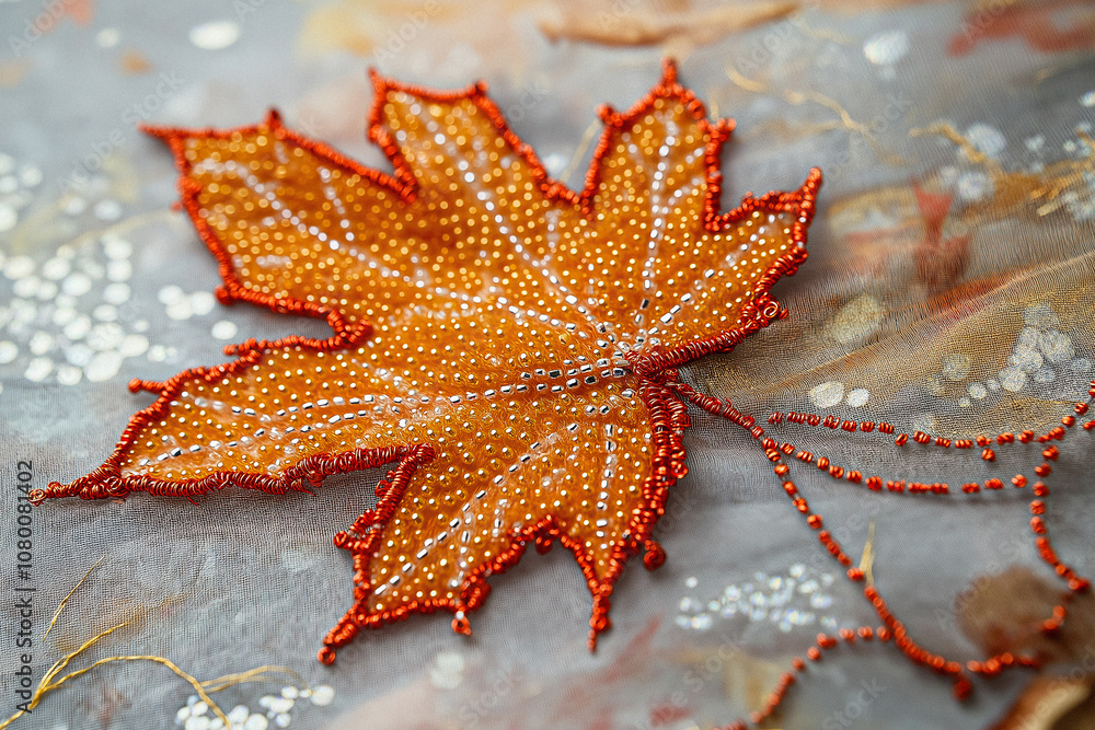 A meticulously crafted arrangement of autumn leaves made entirely from colorful beads. The vibrant shades of red, orange, yellow, and cream bring to life the warmth of the fall season.