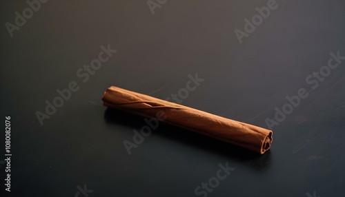 a single cinnamon stick placed upright on a smooth black surface, highlighting its curves and natural imperfections create with ai