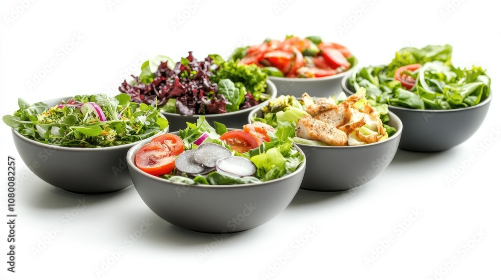 Fresh and Colorful Salad Bowls Displayed on White Background, Featuring a Variety of Lettuce, Fresh Vegetables, and Grilled Chicken for a Healthy Meal Option Fresh and Colorful Salad Bowls Displayed on White Background, Featuring a Variety of Lettuce, Fresh Vegetables, and Grilled Chicken for a Healthy Meal Option
