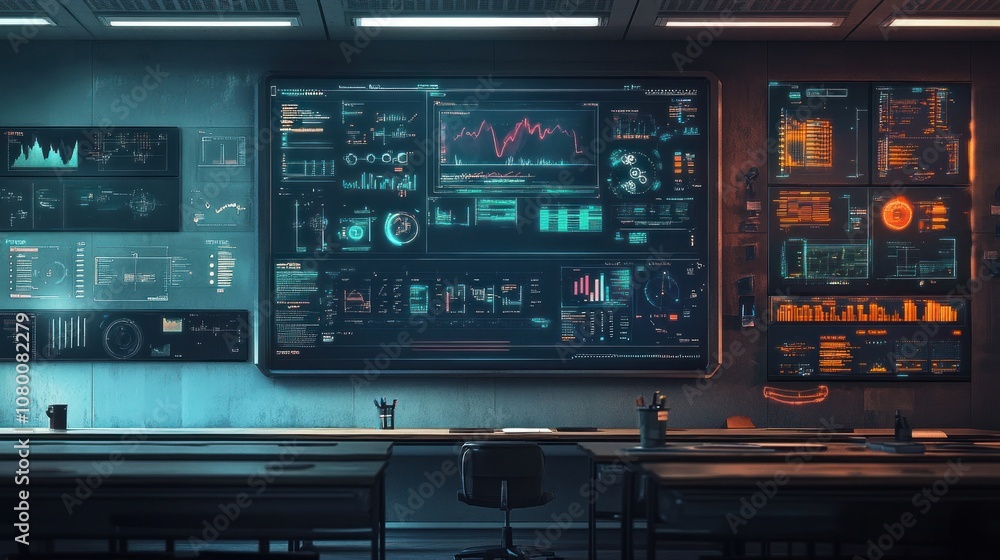 Futuristic control room with large monitor displaying data. Futuristic control room with large monitor displaying data.