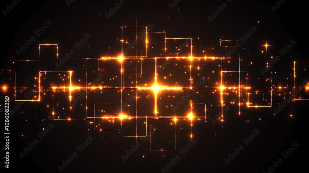 Fototapeta premium Abstract glowing square tiles forming a geometric grid pattern on a dark background.