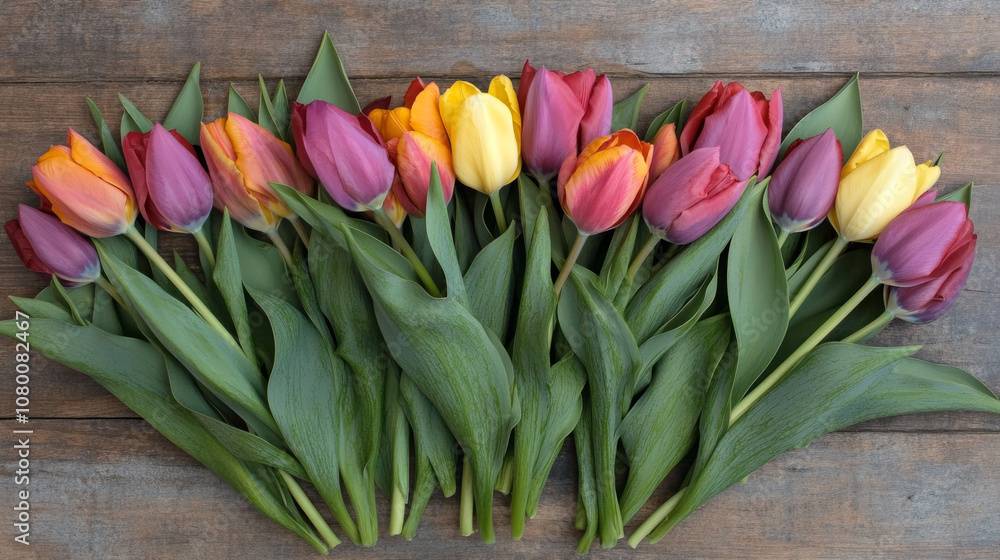 A beautiful arrangement of colorful tulips and leaves on a rustic wooden background. The flowers are laid out flat, with plenty of space around them. A beautiful arrangement of colorful tulips and leaves on a rustic wooden background. The flowers are laid out flat, with plenty of space around them.