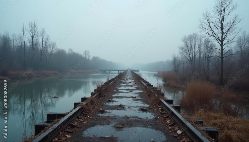 Fototapeta premium Abandoned railway track leading to a foggy horizon