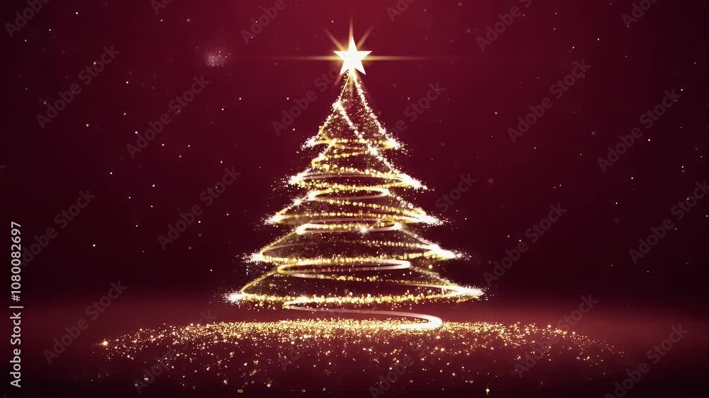 Christmas tree forming from swirling light particles on a red background Christmas tree forming from swirling light particles on a red background