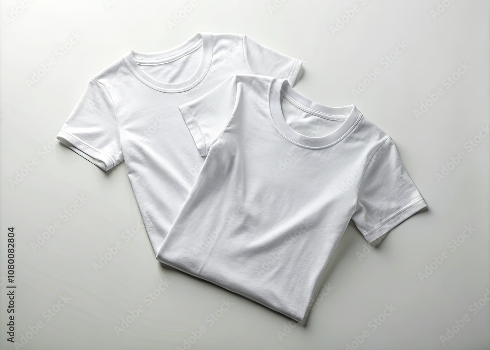 A pair of white t-shirts arranged against a clean white background, highlighting minimalist design, ideal for fashion and lifestyle photography that embraces subtle sophistication.