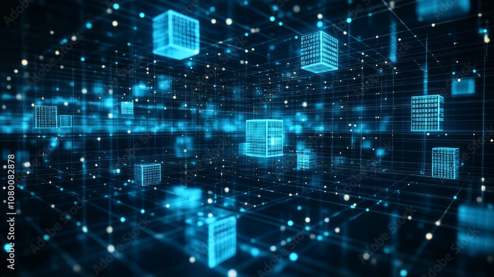 A blockchain ledger with floating cubes of data in a dark, high-tech environment A blockchain ledger with floating cubes of data in a dark, high-tech environment