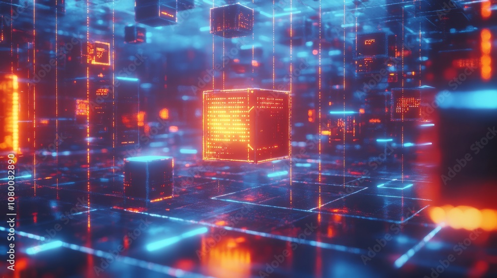 A blockchain ledger with floating cubes of data in a dark, high-tech environment A blockchain ledger with floating cubes of data in a dark, high-tech environment