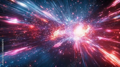 A bold visualization of hyper-speed data movement, with luminous rays and explosive effects, against a rich dark background