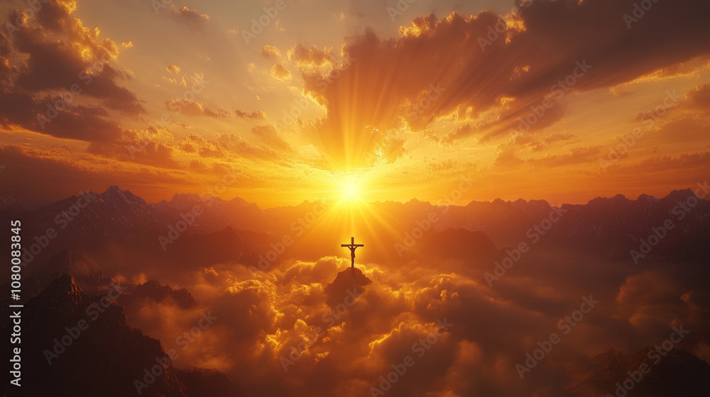 A powerful image of the sunset with mountains and clouds, showing Jesus Christ on the cross. Light rays shine around the cross, representing his resurrection. A powerful image of the sunset with mountains and clouds, showing Jesus Christ on the cross. Light rays shine around the cross, representing his resurrection.