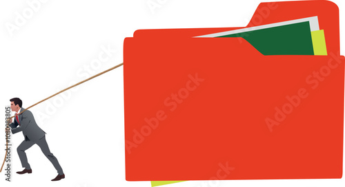 Businessman pulling huge red folder with rope on white background