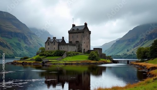  Enchanting castle perched on a serene lake surrounded by majestic mountains