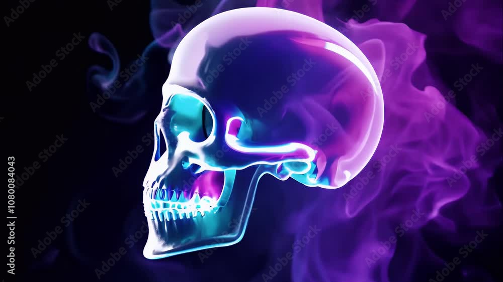 Looping animation of a skull surrounded by smoke and neon particles, creating an eerie, atmospheric effect Looping animation of a skull surrounded by smoke and neon particles, creating an eerie, atmospheric effect
