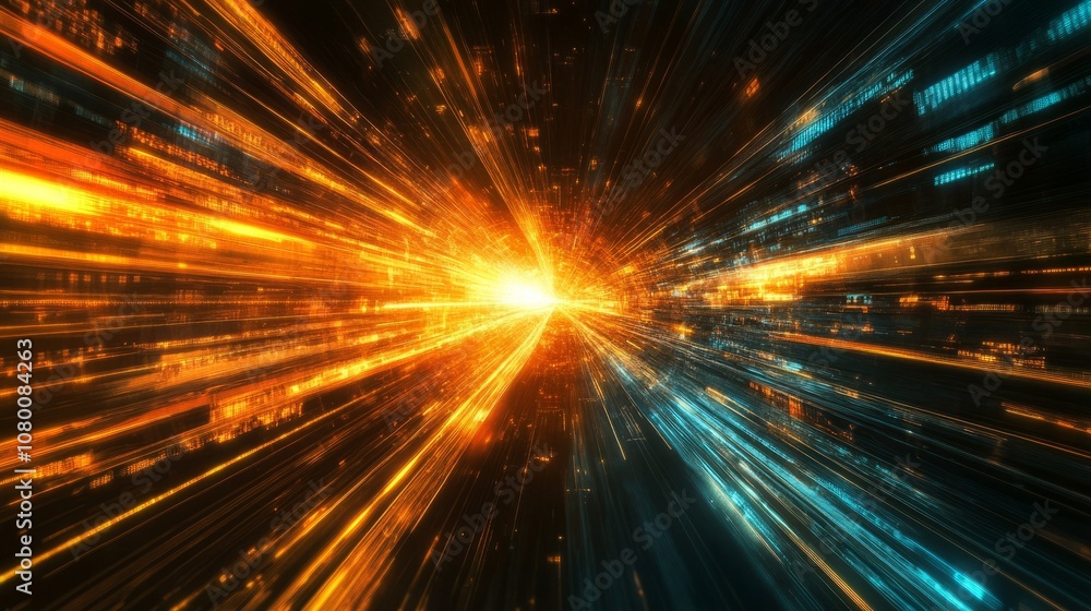 A bold visualization of hyper-speed data movement, with luminous rays and explosive effects, against a rich dark background A bold visualization of hyper-speed data movement, with luminous rays and explosive effects, against a rich dark background