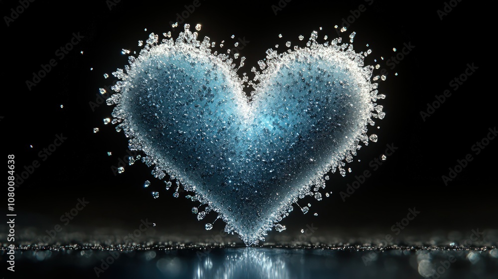 A delicate heart shape composed of icy blue and silver light particles, hovering against a black background. A delicate heart shape composed of icy blue and silver light particles, hovering against a black background.