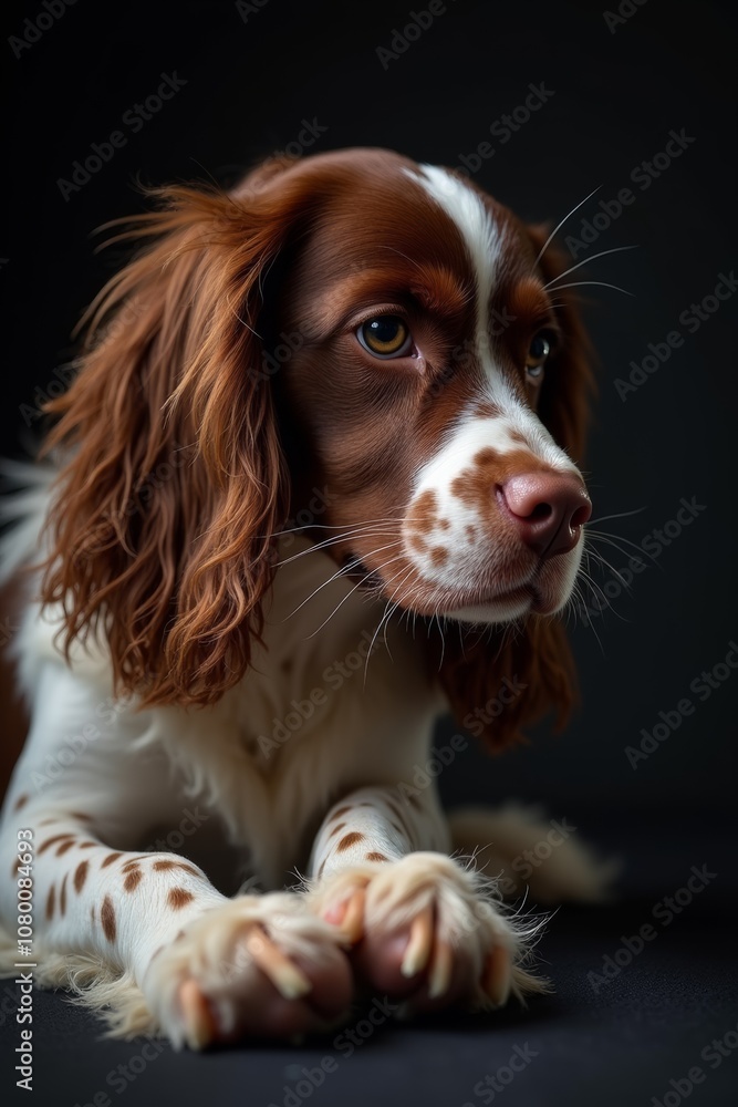 Close-Up of English Springer Spaniel with Dramatic Lighting and Detail Close-Up of English Springer Spaniel with Dramatic Lighting and Detail