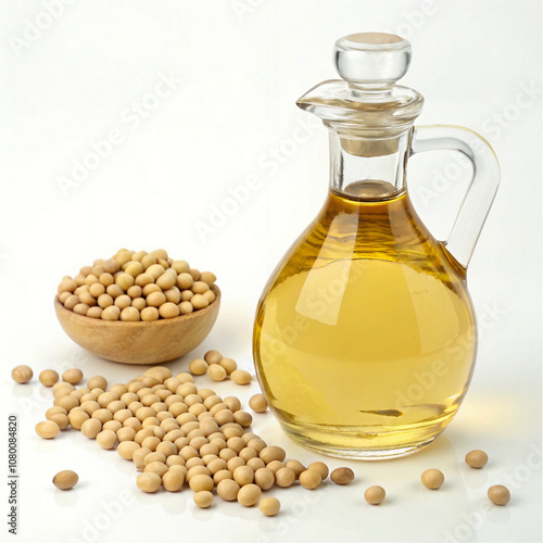 A glass bottle filled with golden soybean oil, accompanied by a wooden bowl and scattered soybeans, symbolizing natural ingredients and purity.