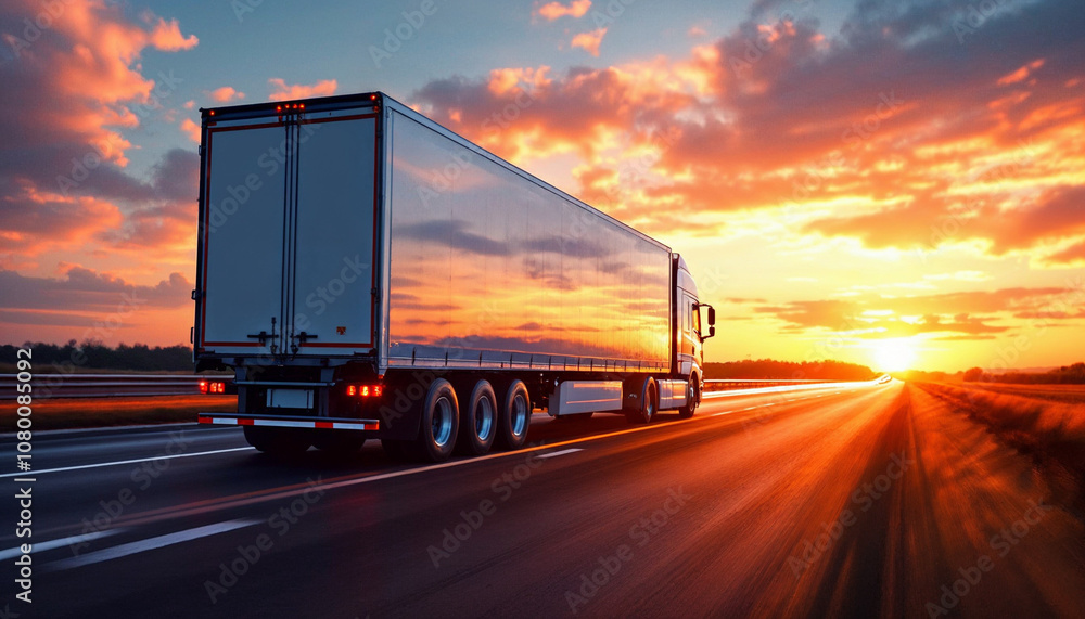 A sleek white trailer truck on an empty highway at sunset, conveying motion and freedom. A sleek white trailer truck on an empty highway at sunset, conveying motion and freedom.