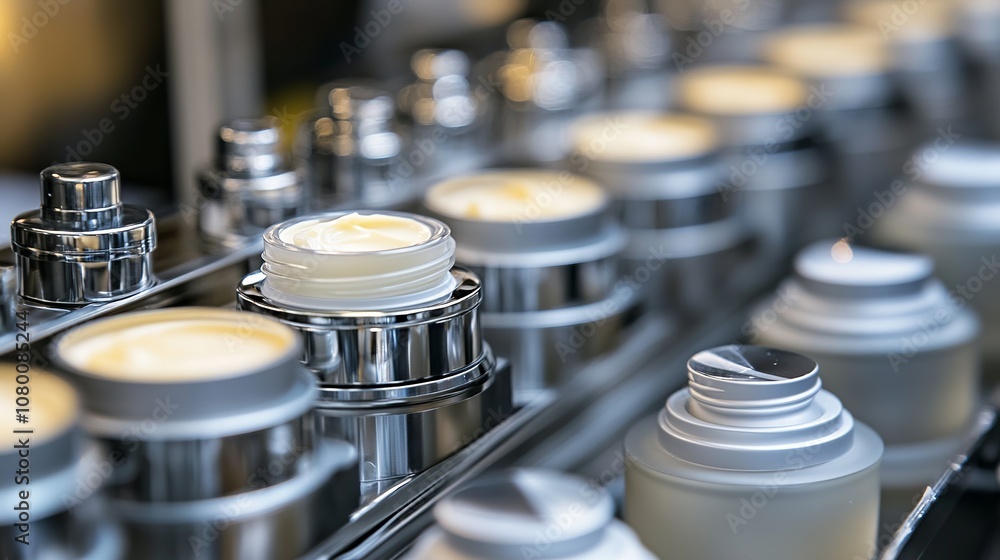 Machines work on an assembly line in a plant, manufacturing and packaging beauty and healthcare products. The assembly line is shown close up Machines work on an assembly line in a plant, manufacturing and packaging beauty and healthcare products. The assembly line is shown close up