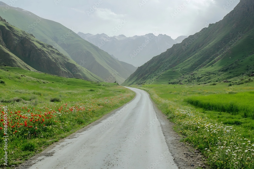 Winding Gravel Road Through Scenic Mountain Valley with Wildflowers Winding Gravel Road Through Scenic Mountain Valley with Wildflowers