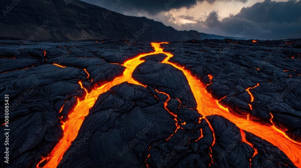 Lava flow on volcanic landscape against dramatic dark clouds. Lava flow on volcanic landscape against dramatic dark clouds.