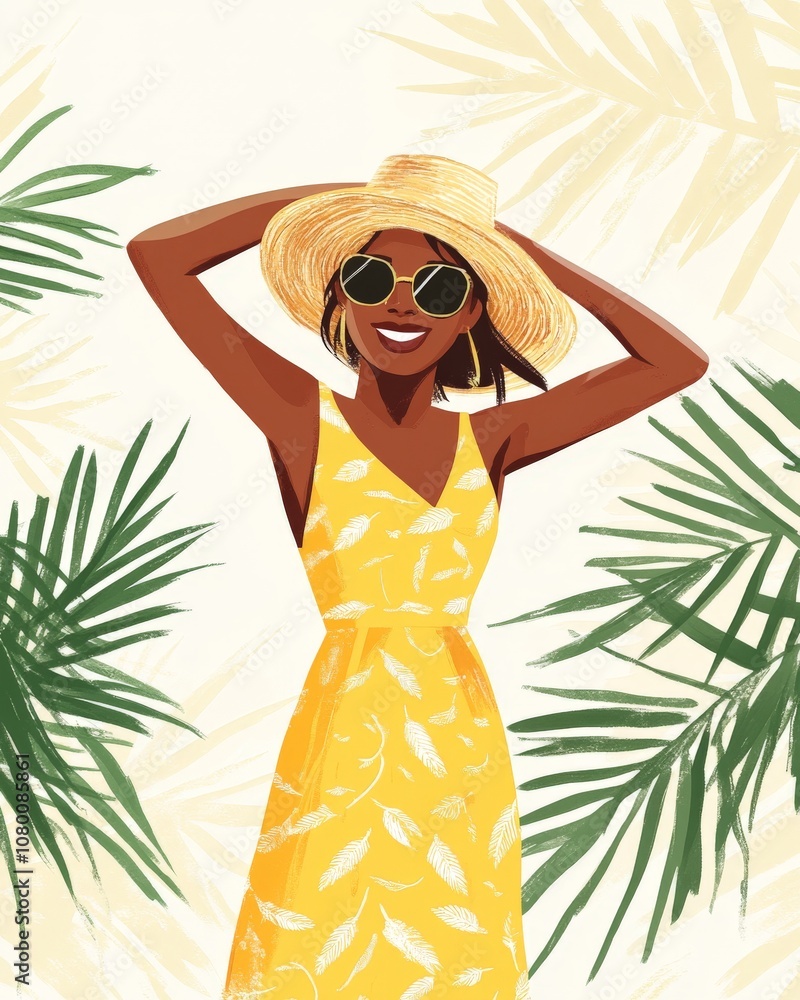 Joyful Summer Escape: A Woman in a Vibrant Yellow Dress Embracing the Warmth Joyful Summer Escape: A Woman in a Vibrant Yellow Dress Embracing the Warmth