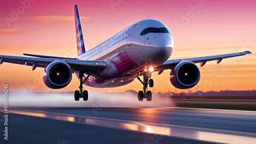 Commercial Passenger Airplane Taking Off Landing in Airport at Sunset Sunrise with Blurred Bokeh Lights Background photo