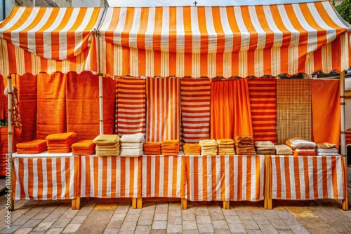 A unique design featuring an orange and white striped market stall isolated on a white background, ideal for low light photography with vibrant hues and market elements.