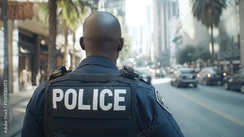 Police Officer Standing on Urban Street. Rear View of Law Enforcement Uniform and Equipment. photo