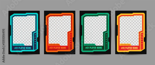 Collection of player frames for sports card template, Colorful frames with transparent spaces, team name and number