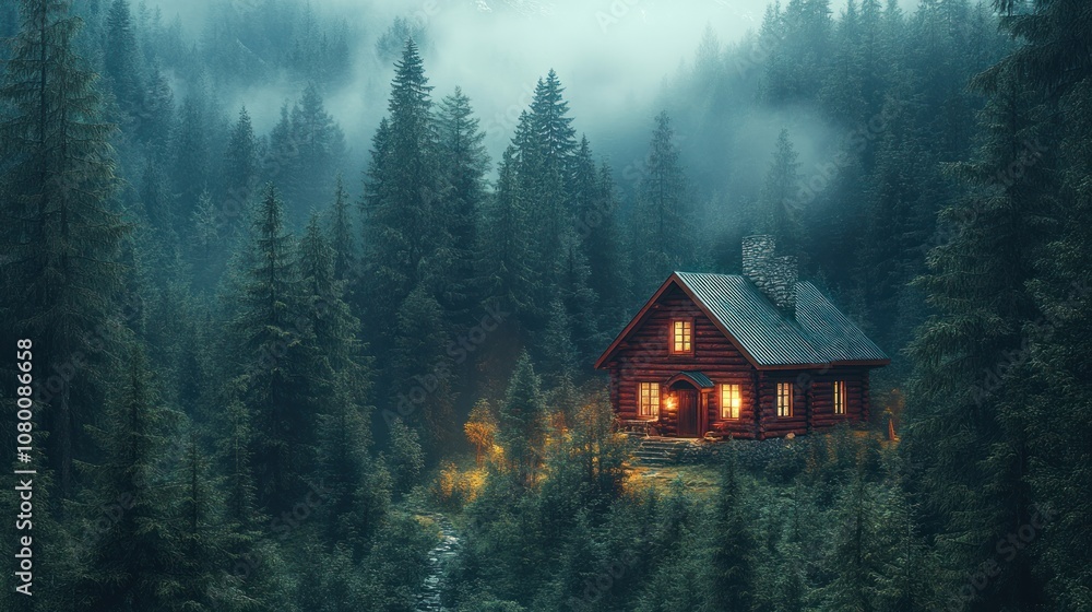 A cozy cabin nestled in a misty forest at twilight. A cozy cabin nestled in a misty forest at twilight.