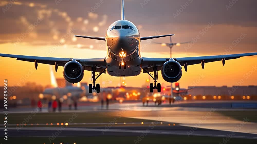 Commercial Passenger Airplane Taking Off Landing in Airport at Sunset Sunrise with Blurred Bokeh Lights Background Commercial Passenger Airplane Taking Off Landing in Airport at Sunset Sunrise with Blurred Bokeh Lights Background
