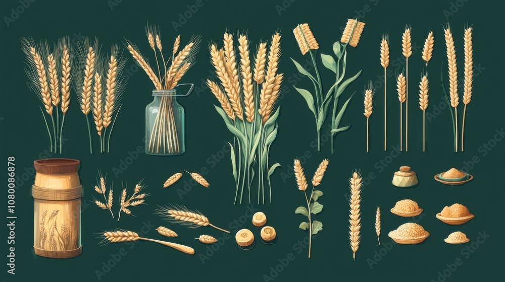 Fototapeta premium Wheat Stalks, Grain, Flour, and Products: A Visual Guide