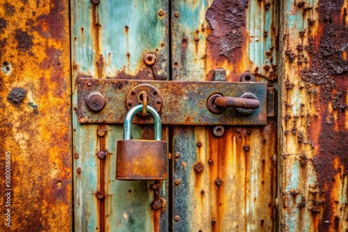 A weathered garage door adorned with a locked padlock signifies secrecy and confidential information, emphasizing security, privacy, and protection within an urban landscape.