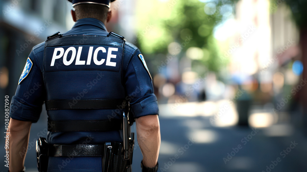 Fototapeta premium Police Officer Standing on Urban Street. Rear View of Law Enforcement Uniform and Equipment.