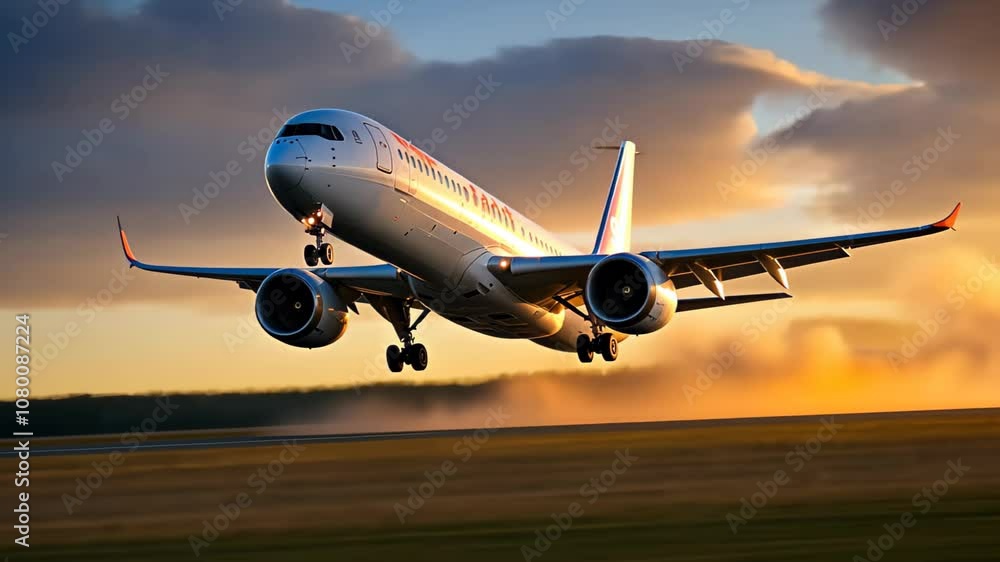 Commercial Passenger Airplane Taking Off Landing in Airport at Sunset Sunrise with Blurred Bokeh Lights Background Commercial Passenger Airplane Taking Off Landing in Airport at Sunset Sunrise with Blurred Bokeh Lights Background