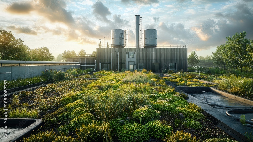 Obraz premium Sustainable emission control biofilter system industrial facility urban environment aerial view eco-friendly concept