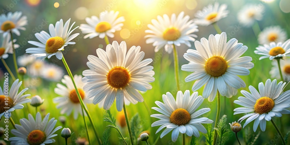 Fototapeta premium Sunlit Daisies in a Field of Green - A Close-Up of Nature's Simplicity