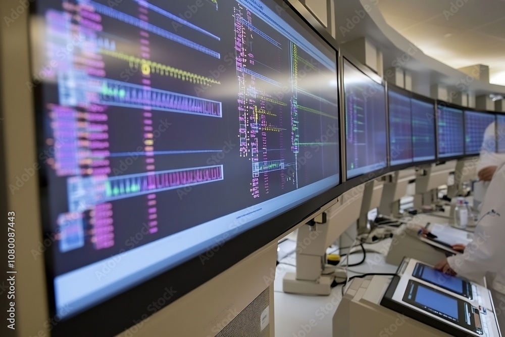 High Tech DNA Sequencing Lab Analyzing Genetic Samples Using Advanced Machines and Digital Screens