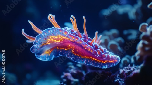 A close-up of a vibrant, neon-colored nudibranch gliding over coral, its intricate body patterns glowing brightly against the dark blue ocean