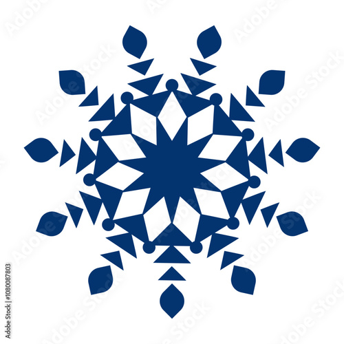 Vector snowflake made of geometric shapes in blue color front view. Isolated element eleven repeating rays of triangles connected by a star. Stylish festive ice cube for decoration and print