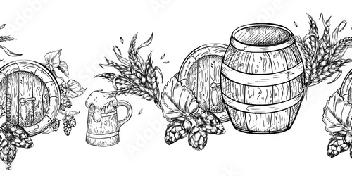 Seamless vector border with hand drawn hop cones, wooden beer barrel in black white isolated. Bunch of wheat ears and beer mug painted monochrome on repeated texture for Oktoberfest, brewery.