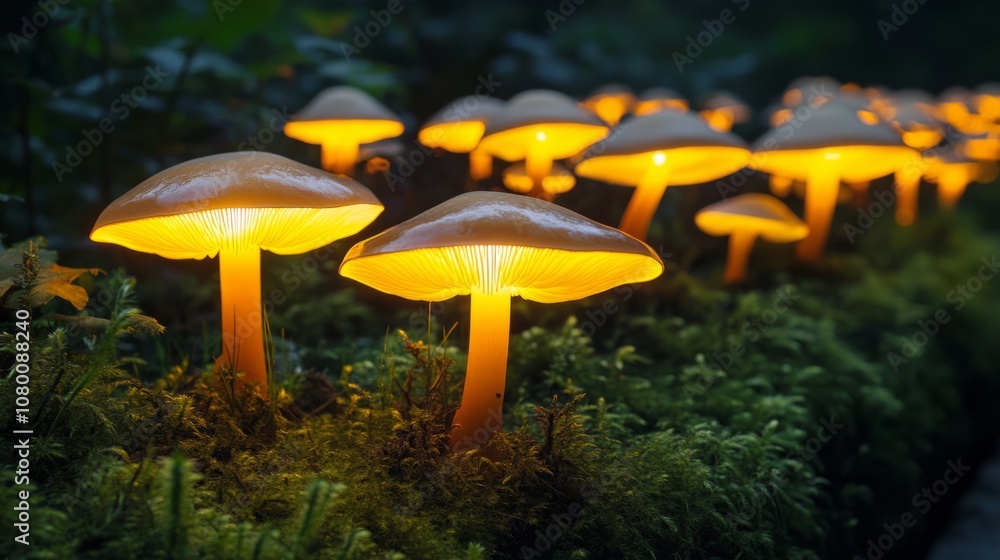 Fototapeta premium A close-up of illuminated mushrooms glowing in the dark forest, creating a mystical ambiance