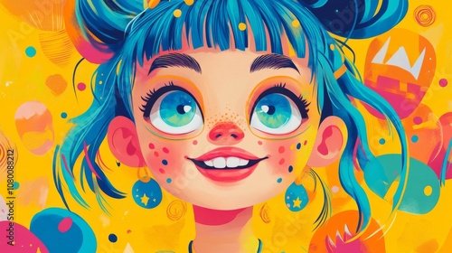 Cute Girl with Blue Hair and Bright Colors