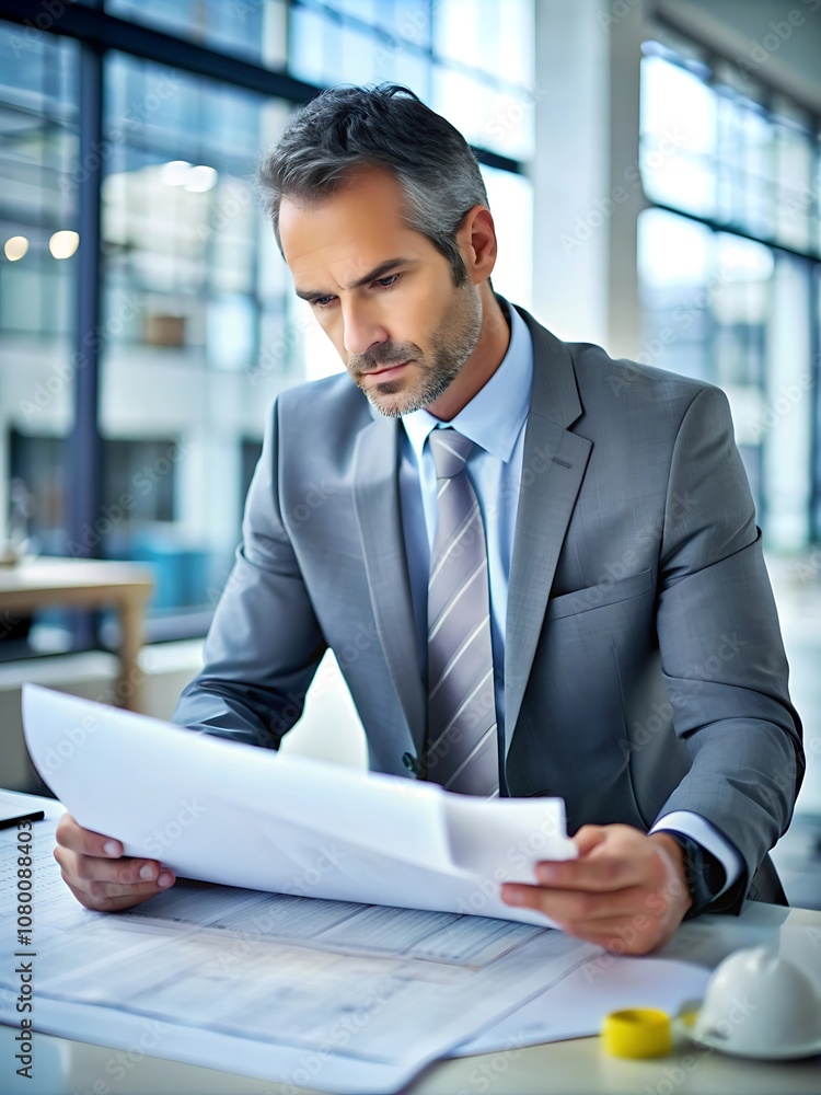 Arquitecto revisando planos con precisión y enfoque en oficinas modernas. Ojos agudos que reflejan visión y planificación cuidadosa, espacio de trabajo profesional con planos y documentos. Arquitecto revisando planos con precisión y enfoque en oficinas modernas. Ojos agudos que reflejan visión y planificación cuidadosa, espacio de trabajo profesional con planos y documentos.